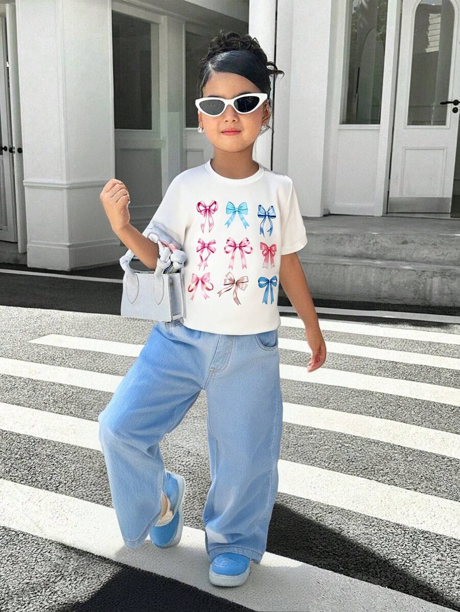 SHEIN 2pcs/Set Young Girl Casual Round Neck T-Shirt & Long Pants, Minimalist & Fashion, Suitable For Summer - Multicolor - View 1