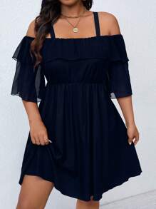 SHEIN LUNE Plus Size Summer Casual Solid Color Open Shoulder Strap Dress - Royal Blue - View 6