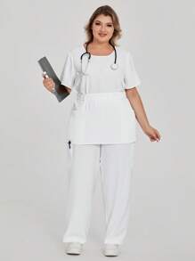TaskEZ Conjunto de pijama de talla grande - Top de manga corta y cuello redondo de unicolor y pantalón largo