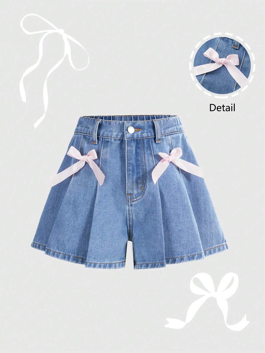 Tween Girls A-Line Ruffled Denim Shorts With Bow Decor, Elasticated Waist, Y2K Style, Casual Outdoor - Light Wash - View 1