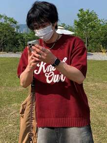 DAZY Summer Men's Red Printed Letter Knit Sweater Business Attire - Hot Pink - View 7