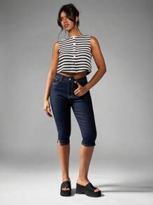 MISSGUIDED Striped Knit Crop Vest Button Front Sleeveless Tank Top Summer Retro Style Nautical Fashion Ribbed Waistcoat Modern Casual - Black and White - View 6