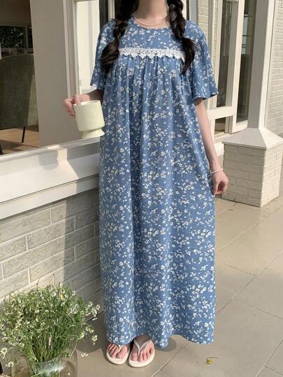 SHEIN 少女休闲日式碎花荷叶边袖圆领蕾丝边装饰睡袍