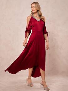 SHEIN Clasi Đầm lệch vai hở vai đính sequin chắp vá cổ chữ V cho nữ, trang nhã cho khách dự tiệc cưới, trang phục màu đỏ, kỷ niệm ngày cưới, mùa xuân và mùa hè, dành cho nữ - Đỏ - Xem 2