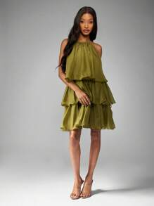 MISSGUIDED PLUS Plus Size Tiered Ruffle Shift Dress Sleeveless Wedding Guest Party Holiday Layered Special Occasion Knee Length Summer Spring - Green - View 3