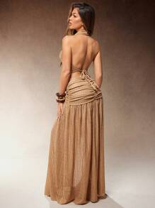 Hauture 性感波西米亚风钩针深领露背上衣 - 卡其色 - 查看 4