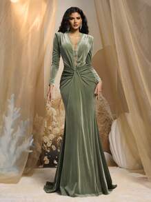 Glamrae Robe de soirée élégante en velours, décolleté plongeant sexy, épaulettes en dentelle, manches longues, taille froncée, ourlet fishtail maxi. Robe de soirée, robe de mariée, robe pour invité de mariage, robe de soirée, pour la Saint-Valentin - Vert - Voir 6