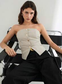 Maija Women's Apricot Summer Top, Solid Color Front Single-Row Metal Button With Pockets, Back Elastic Waist, Sleeveless Fitted Crop Top, Fashionable Simple Sexy For Holidays, Office, Casual, Business, Commuting, Airport