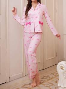 SweetSlumber 条纹蝴蝶结装饰女士粉色睡衣套装，简约时尚，适合夏季 - 彩色 - 查看 4