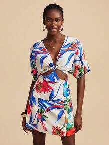 Travachic Off-White Tropical Print Twist Cut-Out Beach Holiday Mini Dress For Women,Summer Boho Beach Vacation Holiday Summer Outfits,Concert Outfit - Multicolor - View 3