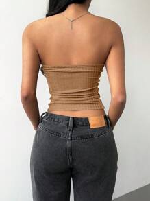 SHEIN BASICS Áo ba lỗ dệt kim bó màu trơn giản dị dành cho nữ - Màu Khaki - Xem 2