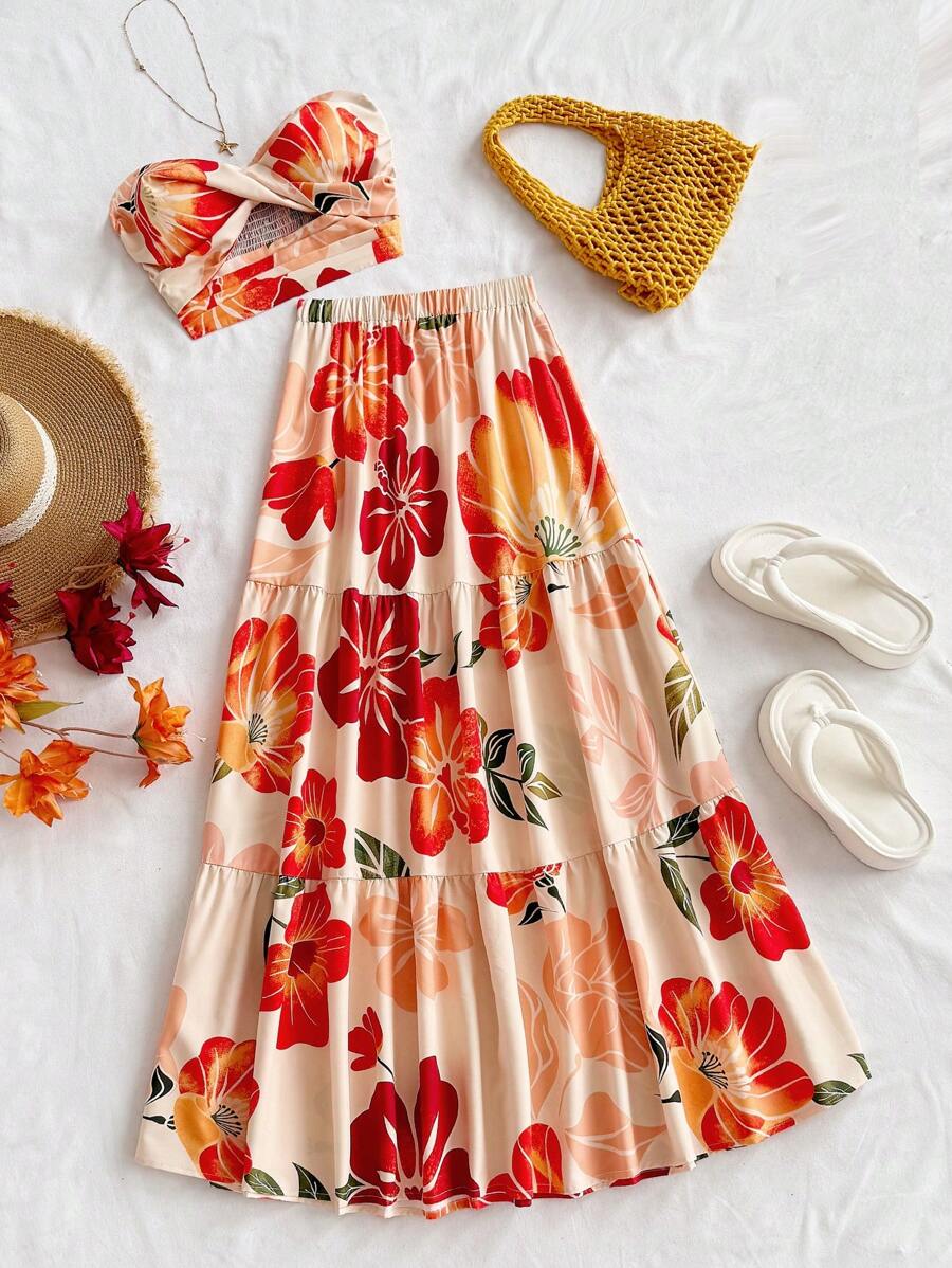 Soleia 女士夏季服装，女士两件套，女士度假服装，复活节，女士西部服装，女士婚礼宾客服装，女士演唱会服装，狂欢节服装，夏季浪漫花卉印花前系带抹胸上衣和松紧腰A字裙女士两件套 - 彩色 - 查看 1