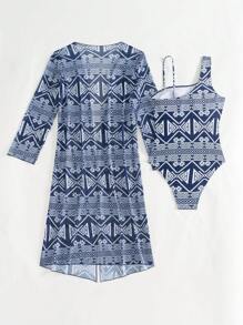 Swim Oasis Women Chic Swimsuit Set, Featuring All Over Print One Piece Swimsuit With Long Mesh Cover-Up For Spring & Summer - Multicolor - View 6