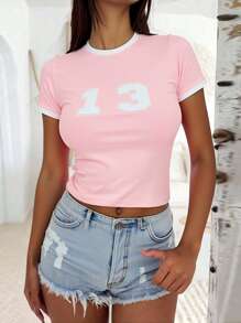 Women's European & American Style Round Neck Patchwork Letter Print Fitted Crop Top, Spring/Summer - Pink - View 1