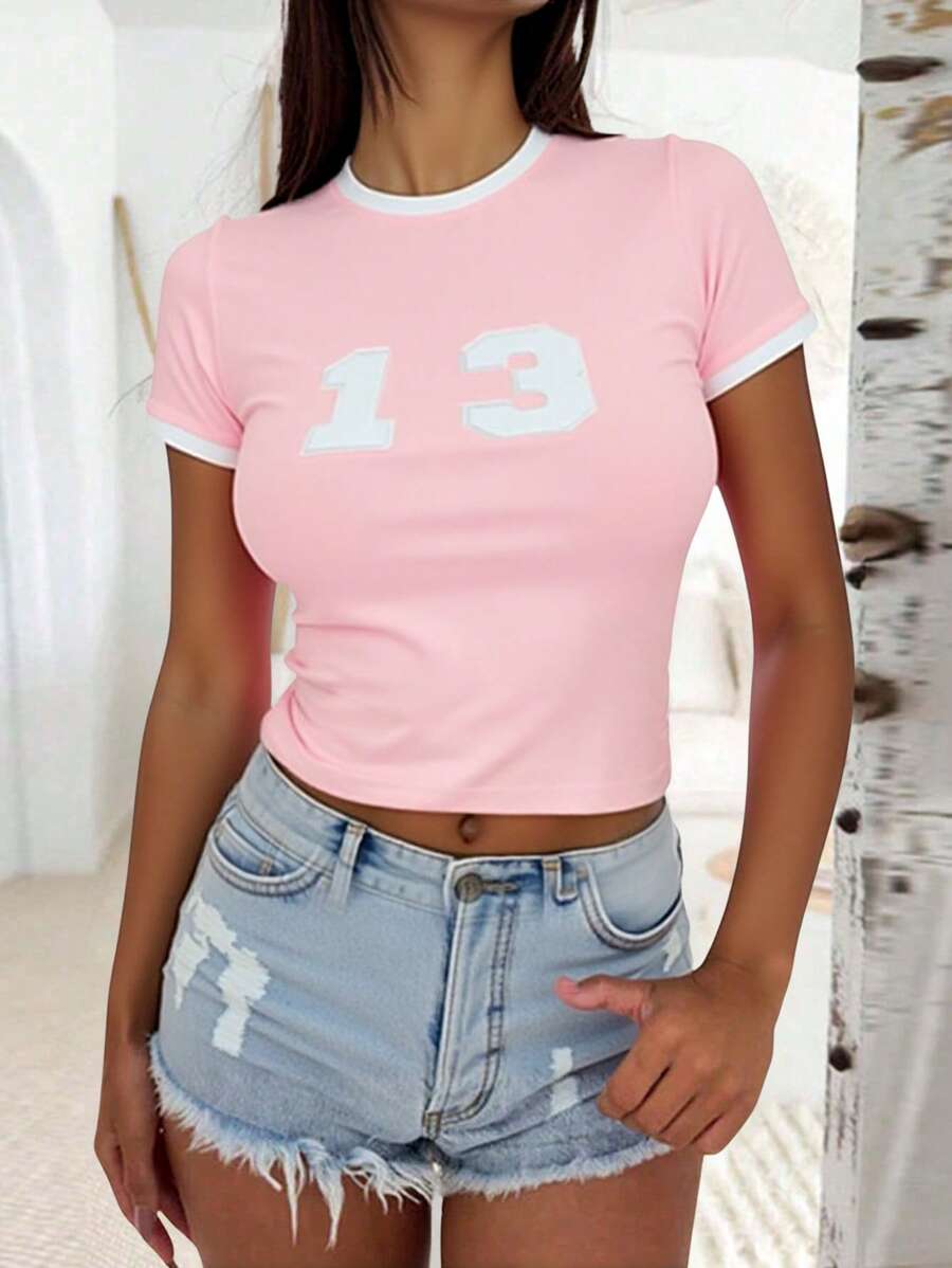 Women's European & American Style Round Neck Patchwork Letter Print Fitted Crop Top, Spring/Summer - Pink - View 1
