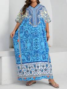 Al Najma Robe arabe à manches chauve-souris à imprimé floral pour femmes grandes tailles, convient pour les vacances - Bleu azur - Voir 6