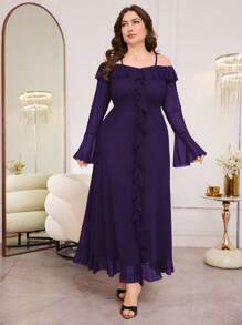 Modelyn Vestido elegante cómodo para mujer de talla grande con hombros descubiertos, mangas abullonadas y dobladillo con volantes de tela de red - Morado - Ver 1