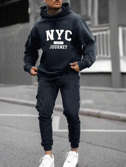 RueChic 2 piezas Conjunto casual de sudadera con capucha y pantalón de chándal con estampado de letra para hombre, otoño/invierno