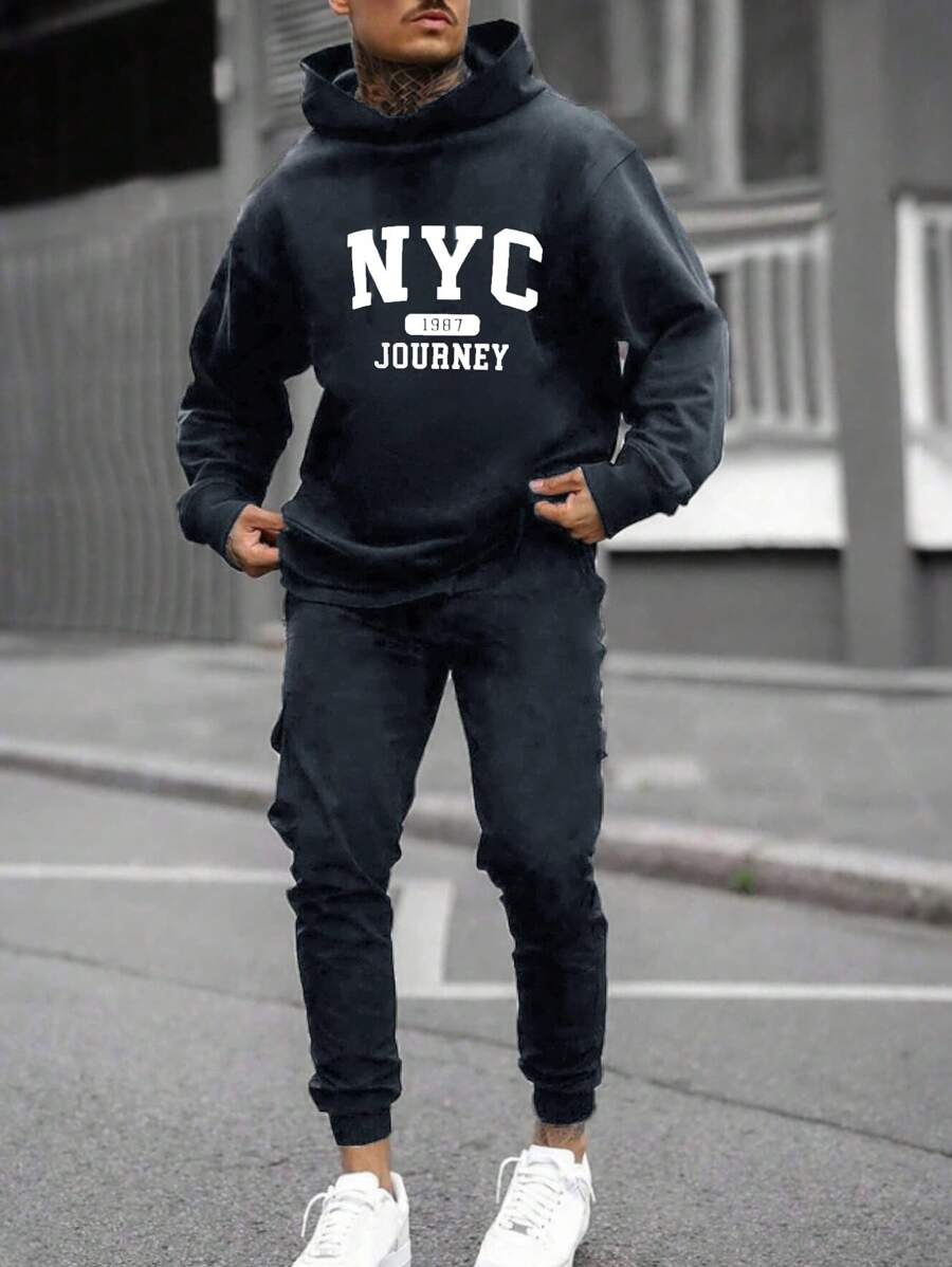 EURMUSE 2pcs Men's Letter Print Hooded Sweatshirt And Sweatpants Casual Set, Fall/Winter - Dark Grey - View 1