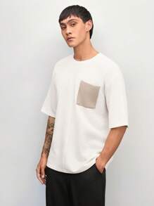 Manfinity VCAY 男女款休闲针织拼布宽松落肩圆领短袖 T 恤，适合日常穿着 - 卡其色 - 查看 1