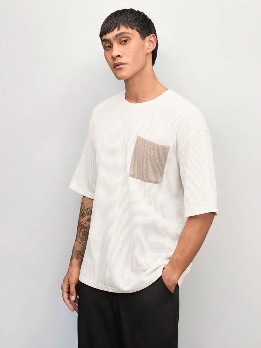 Manfinity VCAY 男女款休闲针织拼布宽松落肩圆领短袖 T 恤，适合日常穿着 - 卡其色 - 查看 1