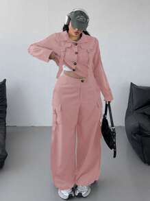 POPSWAY Bộ vest 2 món tiện dụng thường ngày cỡ lớn có túi thắt eo - Bụi hồng - Xem 1