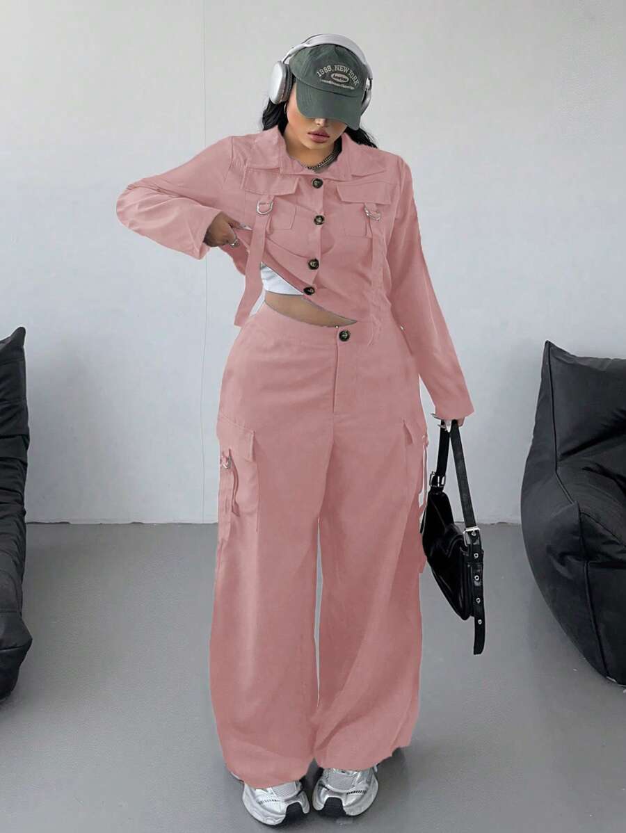 POPSWAY Bộ vest 2 món tiện dụng thường ngày cỡ lớn có túi thắt eo - Bụi hồng - Xem 1