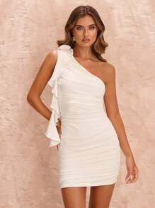 SHEIN BAE Vestido de Verão para Férias à Beira-Mar de Cor Sólida, Vestido Assimétrico com Flor Tridimensional e Decote Ombro a Ombro, Roupa para Festival de Música, Roupa de País para Festival de Música, Roupa para Concerto, Roupa de Volta às Aulas, Roupa de Dama de Honra para Casamento - Branco - Visão 7