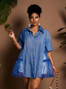 Maweii Plus Size Casual Summer Shirt - Blue - View 3