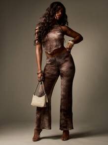 MISSGUIDED Textured Crochet Two-Piece Co-Ord Set One Shoulder Crop Top Bell Bottom Pants Set Party Club Festival Summer Beach Resort Wear Set - Coffee Brown - View 6