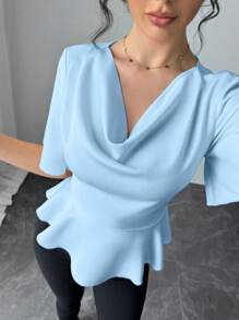 Rafferiza 女式缎面荷叶边领口收腰高端衬衫，春夏