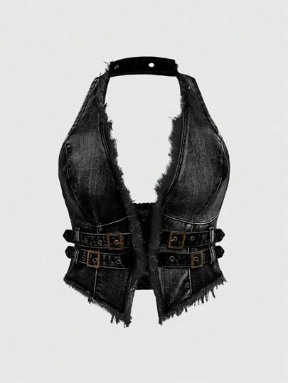 Hippie Y2K Sexy Halter Strap Plus Size Denim Crop Top