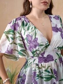 Sunnyshic Elegante camicetta femminile in chiffon con maniche corte, balze e arricciature in vita, motivo floreale alla francese