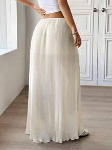 SHEIN Unity 2025 Women Spring/Summer Low Waist Comfortable Versatile Lightweight Mesh Solid Color Pleated Skirt - Apricot - View 2
