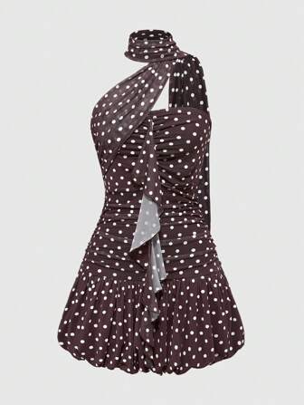 Kawaii Vestido midi para mujer con cuello halter, volantes y estampado de lunares