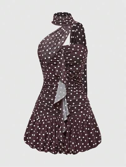 Kawaii Women's Polka Dot Ruffled Hem Halter Neck Midi Dress