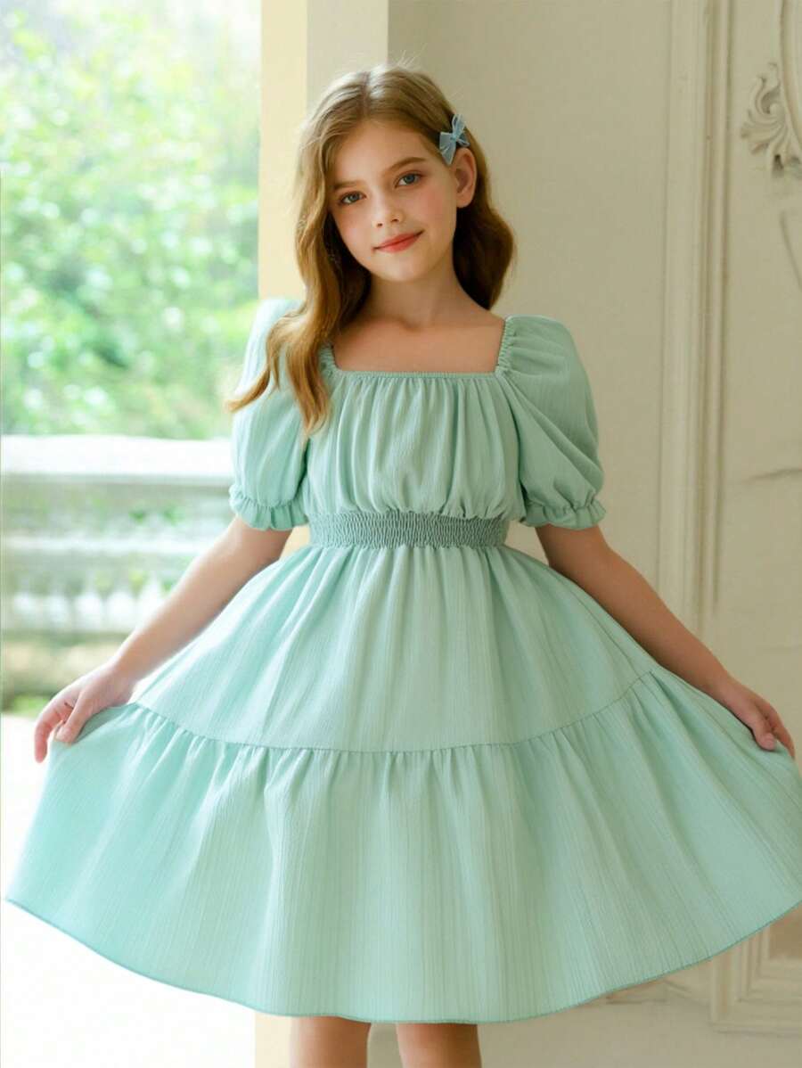 Tween Girls 纯色泡泡下摆短袖 A 字裙，适合节日派对，增添节日气氛，也适合户外活动和休闲家居服 - 綠色 - 查看 1