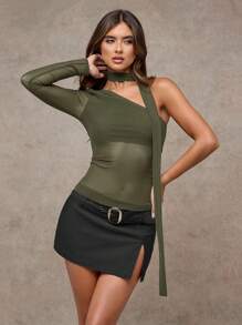 SHEIN BAE Women's Solid Color One Shoulder Long Sleeve Mesh Patchwork Fitted Fashionable Blouse - Army Green - View 1
