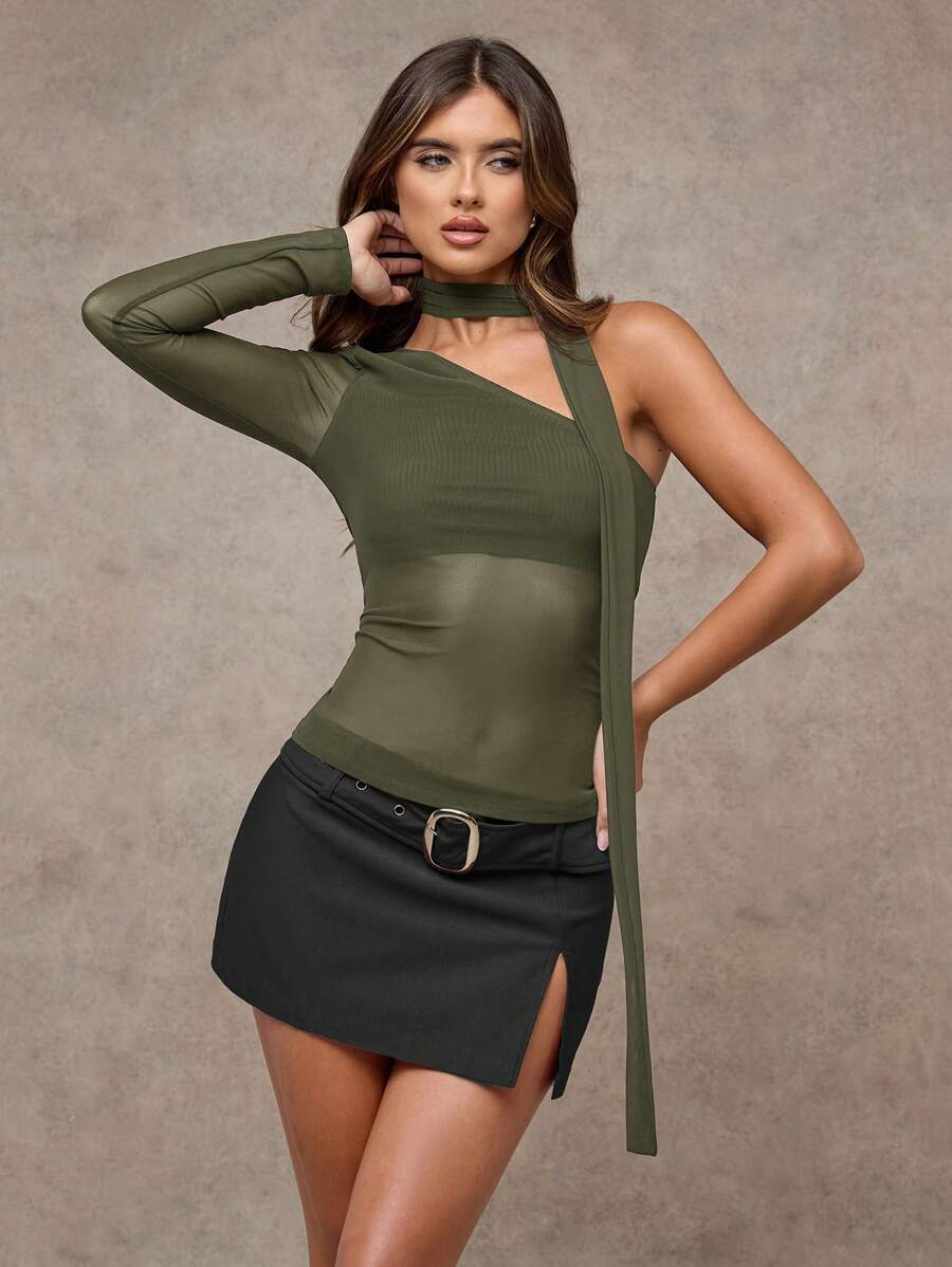 SHEIN BAE Women's Solid Color One Shoulder Long Sleeve Mesh Patchwork Fitted Fashionable Blouse - Army Green - View 1