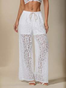 SHEIN PETITE White Lace Hollow Tight Flared Pants (With Lining), Nomadic , Romantic Vacation Casual Retro Style - White - View 1