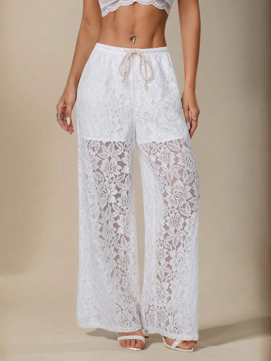 SHEIN PETITE White Lace Hollow Tight Flared Pants (With Lining), Nomadic , Romantic Vacation Casual Retro Style - White - View 1