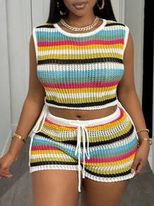 Slaydiva 2025 Spring/Summer New Arrival Vacation Beach Casual Colorful Striped Hollow Out Knit Halter Tank Top + Tied Shorts 2Pcs Women Knit Set - B