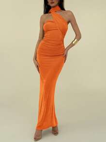 Aloruh Elegant One Shoulder Ruffle Design Slimming Pleated Sparkly Long Straight Evening Dress,Summer Dresses For Women - Orange - View 4