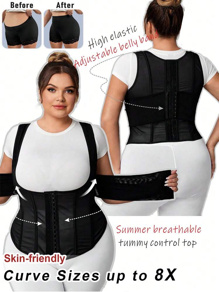 SHEIN CURVE+ Áo định hình eo, có thể điều chỉnh 3 cấp độ cỡ lớn, đồ định hình eo cho nữ, áo định hình eo đàn hồi - màu đen - Xem 1