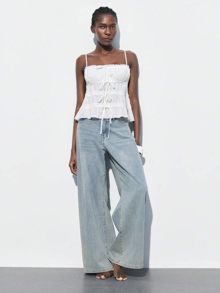 SHEIN Maija 2025 Spring-Summer New Arrival Pleated Tie-Up Design Spaghetti Strap Casual Fashionable Vacation Comfortable Women Tops, Suitable For Music Festival, Beach, Daily, Casual, Romantic City Vacation, Suitable For Outings, Gatherings, Weddings, Guest Attire, Midsummer Wind, Graduation Season Easter Off The Shoulder Top Cute Summer Tops