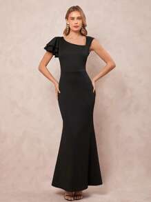 SHEIN Clasi Wedding Guest Dress Women,Elegant Women's Black Exaggerated Ruffle Sleeves Asymmetrical Collar, Cinched Waist, Fish Tail Swing Long Dress, Suitable For Parties, Weddings, Etc - Black - View 2
