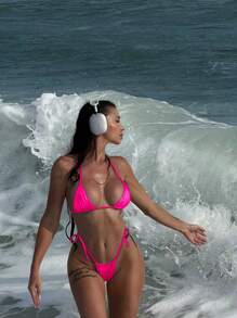 Swim SXY Women's Sexy Micro Triangle Solid Color PU Halter Bikini Set For Summer Beach Vacation