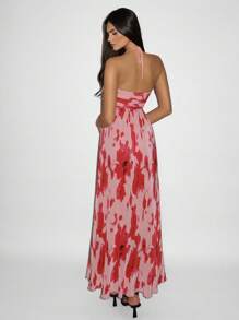 SHEIN Unity Vestido con abertura y escote con lazo plisado estampado para mujer, ideal para vacaciones de verano y playa - Multicolor - Ver 2
