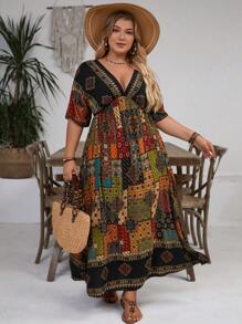 SHEIN VCAY 大码拼布印花休闲度假连衣裙 - 彩色 - 查看 5