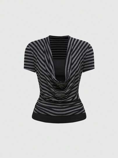 Grunge Punk Retro Babe Black And White Stripe 2 In 1 Tight Boat Neck T-Shirt For Women